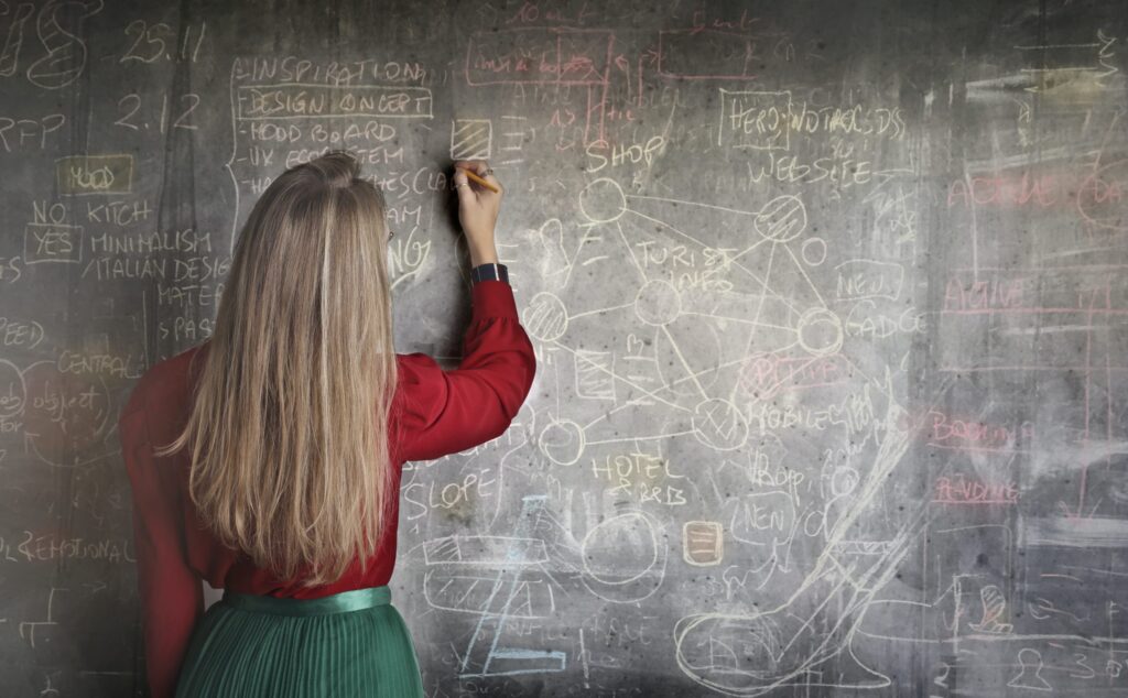Woman writing on chalkboard full of writing